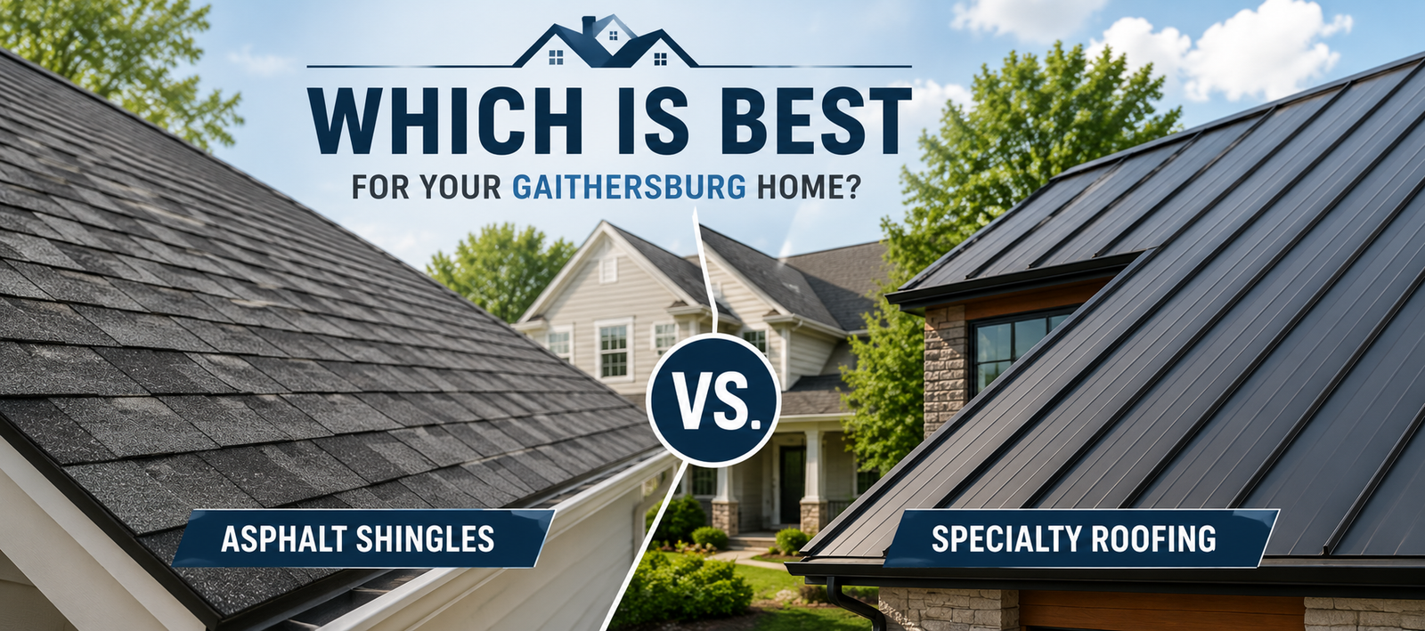 Asphalt shingles vs specialty roofing comparison Gaithersburg Maryland home