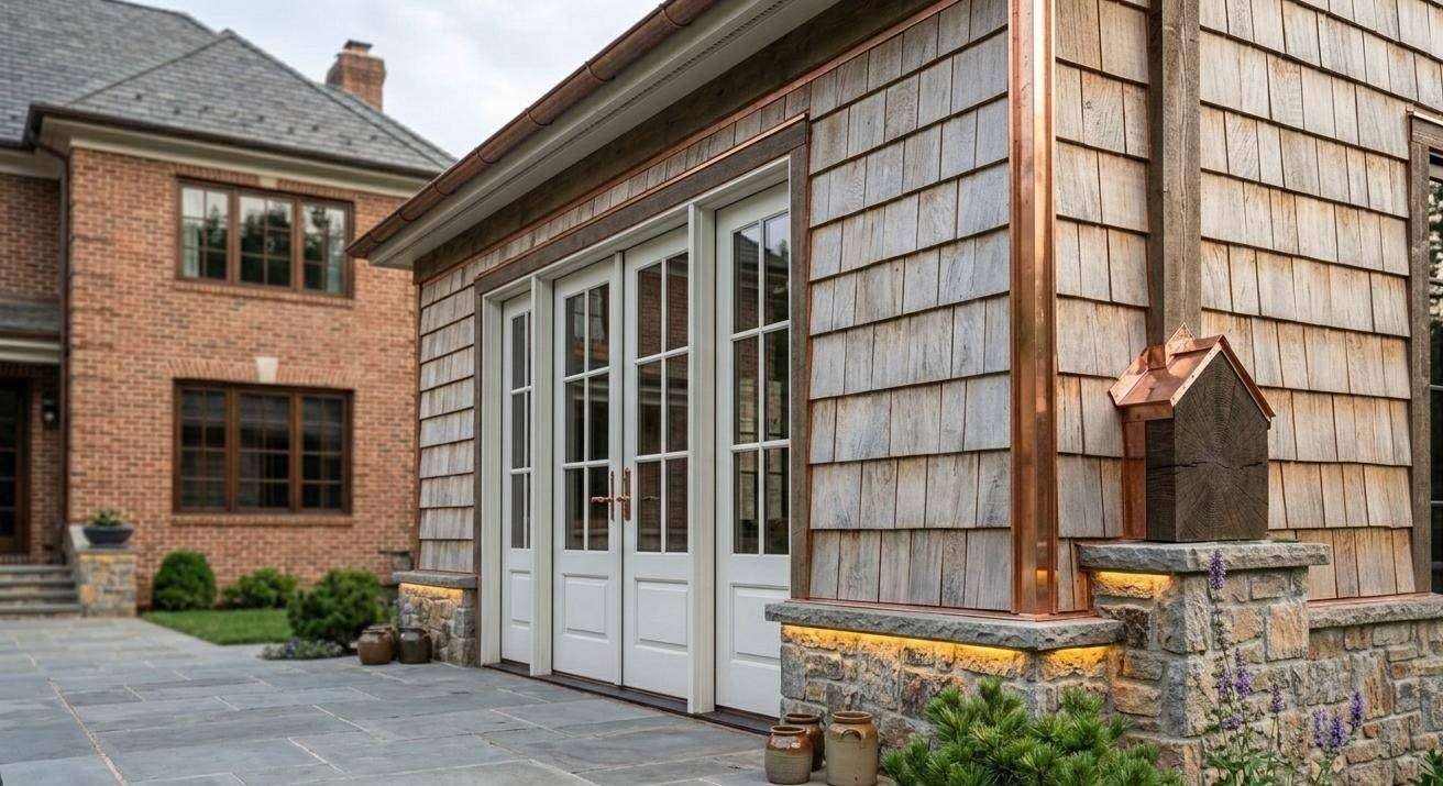 Cedar Shake Siding Copper Downspout Exterior Renovation Potomac MD | Cliffbrook Construction