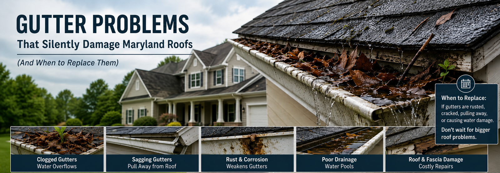 Gutter problems that silently damage Maryland roofs clogged sagging gutters