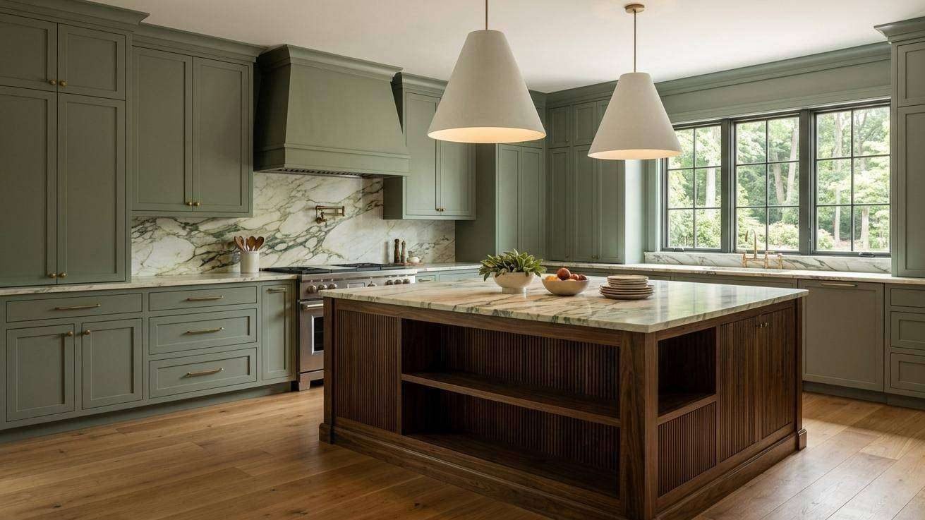Kitchen Remodeling Sage Green Cabinets Marble Backsplash Olney MD | Cliffbrook Construction