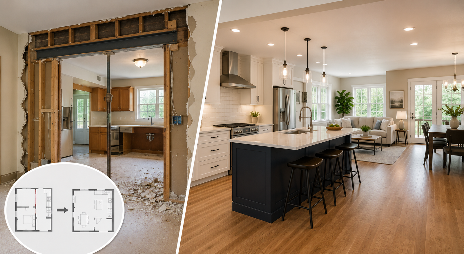 Open concept kitchen remodel Montgomery County MD after load-bearing wall removal with structural beam