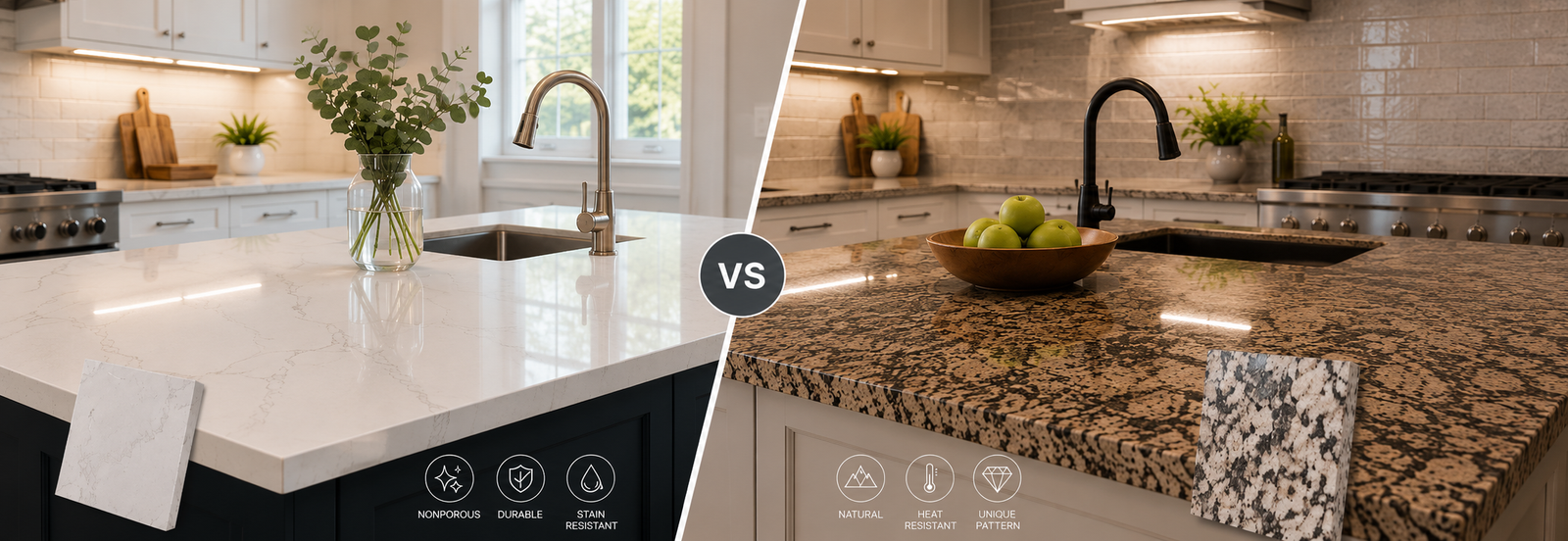 Quartz vs granite countertops comparison for Maryland kitchens Montgomery County MD