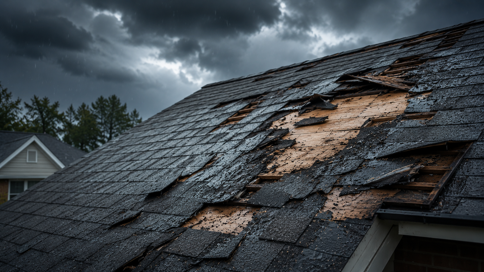 Roof storm damage repair Montgomery County MD wind damaged shingles after Maryland thunderstorm