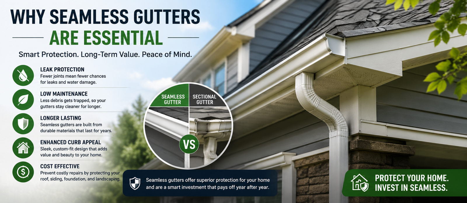 Seamless gutter installation protecting a Maryland roof aluminum seamless gutters